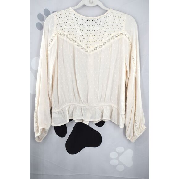 American Eagle Lace Button Up Top Lace Ruffle Boho Long Sleeve Cream Large - Picture 11 of 12